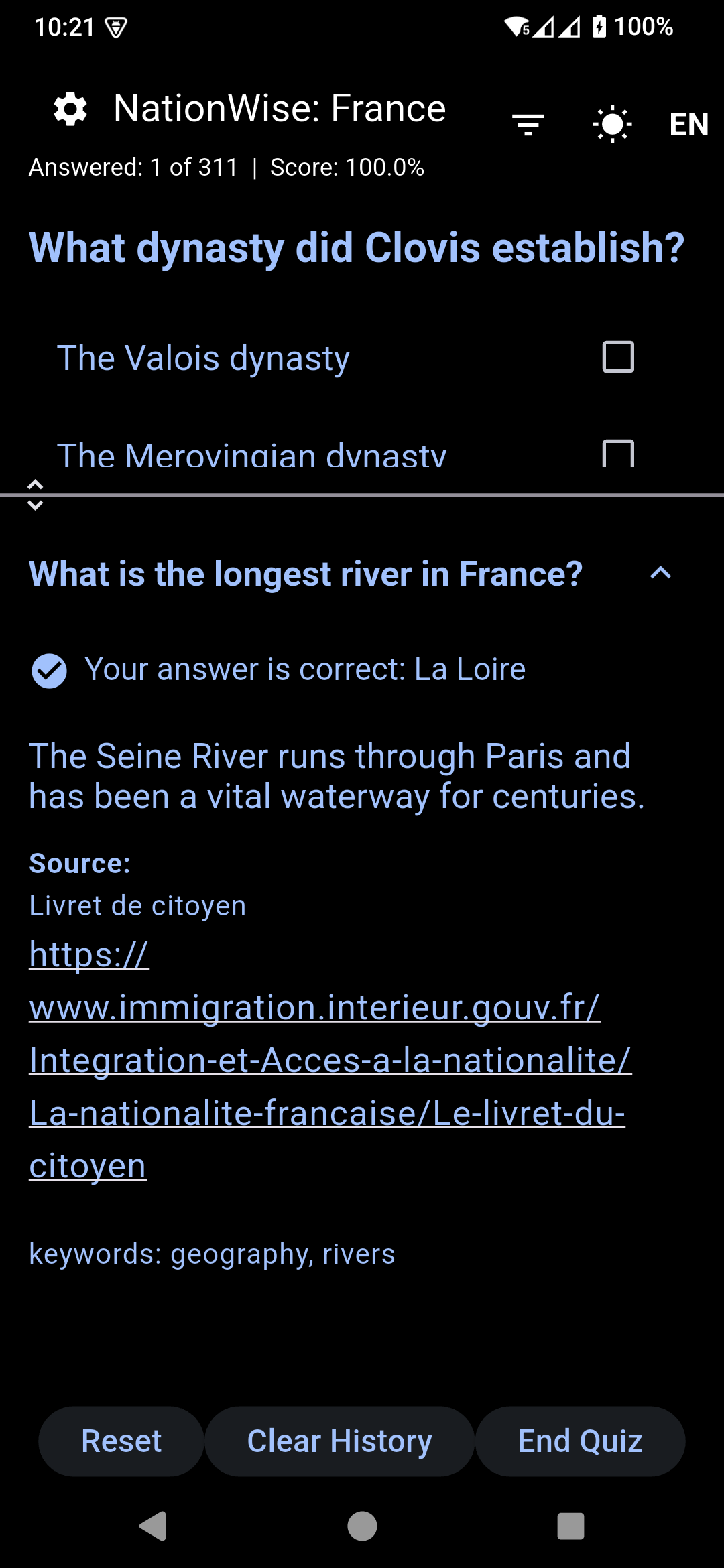 NationWise: France answer / explanation screen.