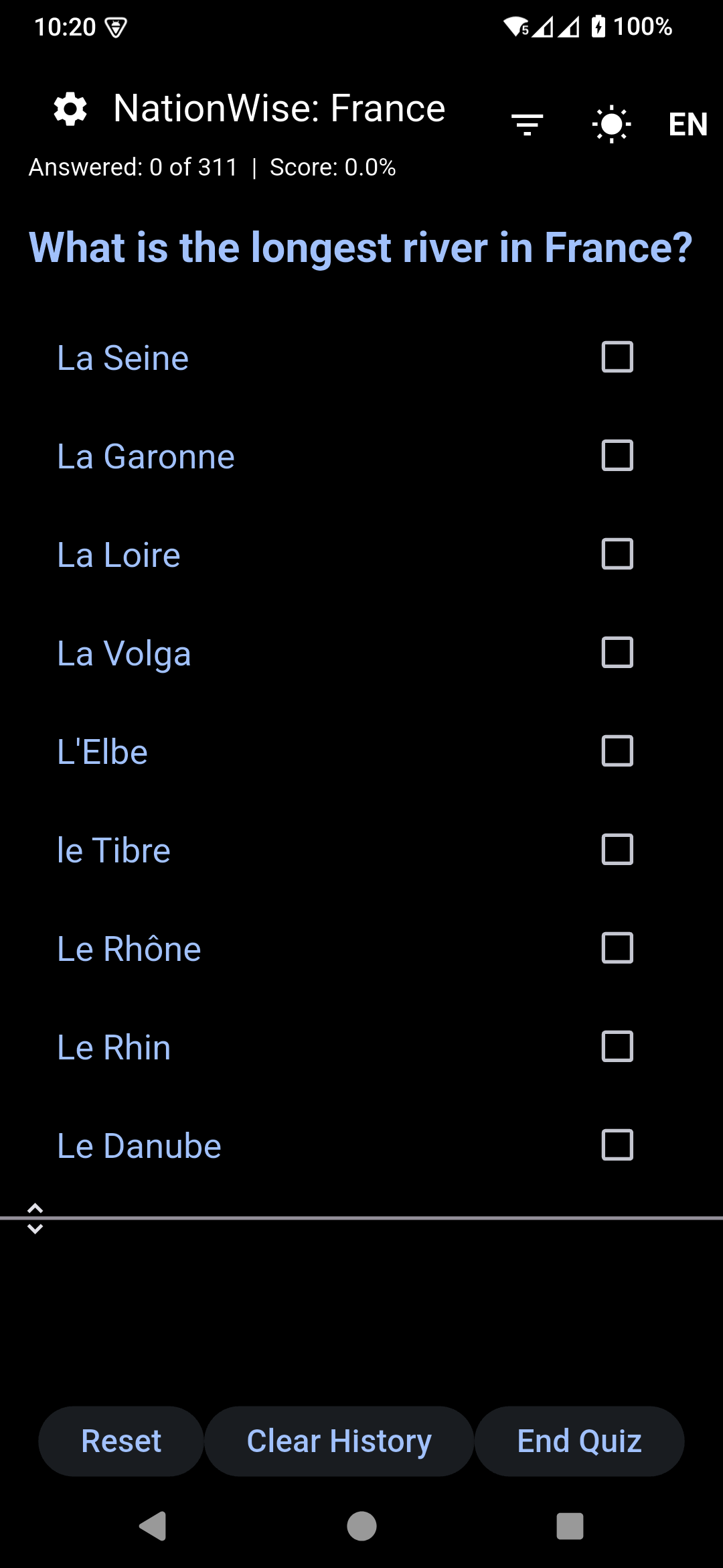 NationWise: France quiz question screen.