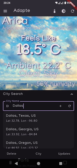 Adapte city search panel showing results for Dallas with multiple matching locations.