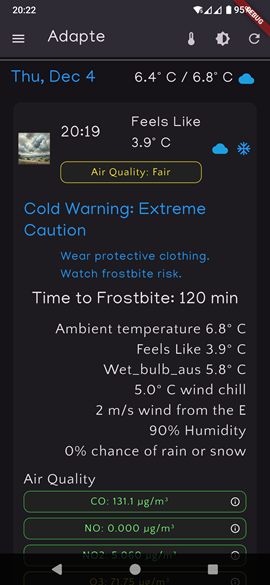 Detailed cold hazard view showing warning text, time to frostbite, and a breakdown of conditions including wet bulb temperature.