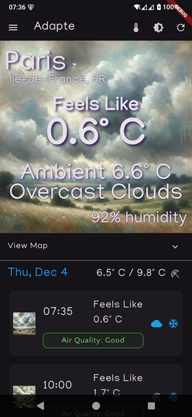 Adapte home screen in dark mode showing a cold morning in Paris with ambient and feels-like temperatures, cloud description, and humidity.