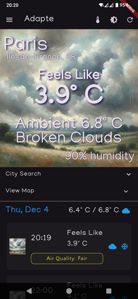 Adapte home screen in dark mode showing evening conditions and air quality banner.