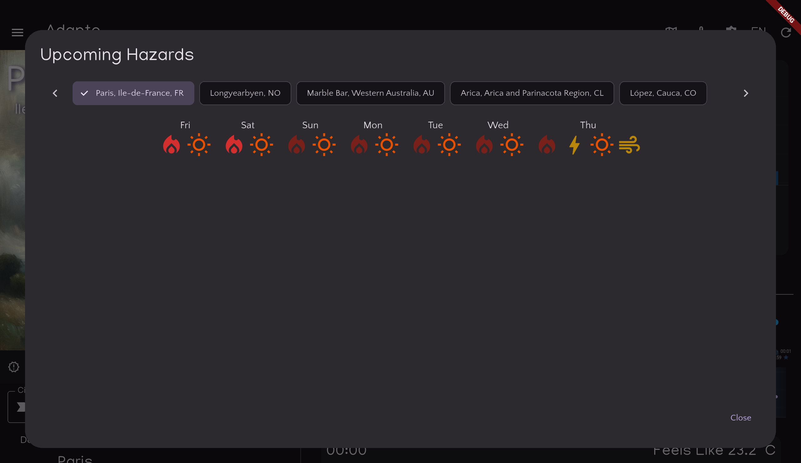 Tablet — hazard calendar showing severity levels.