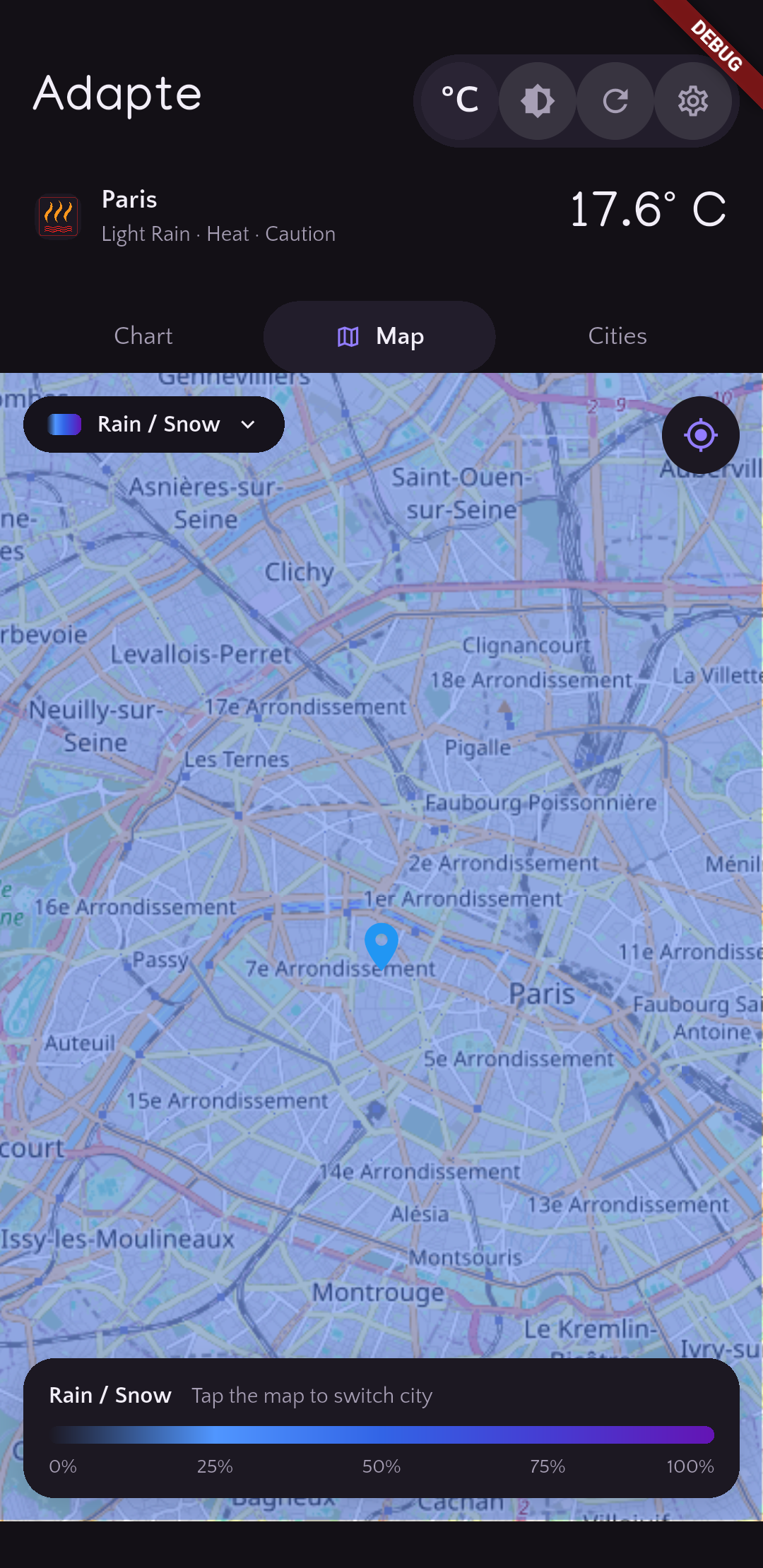Weather map with overlays for rain, temperature, clouds, and more.