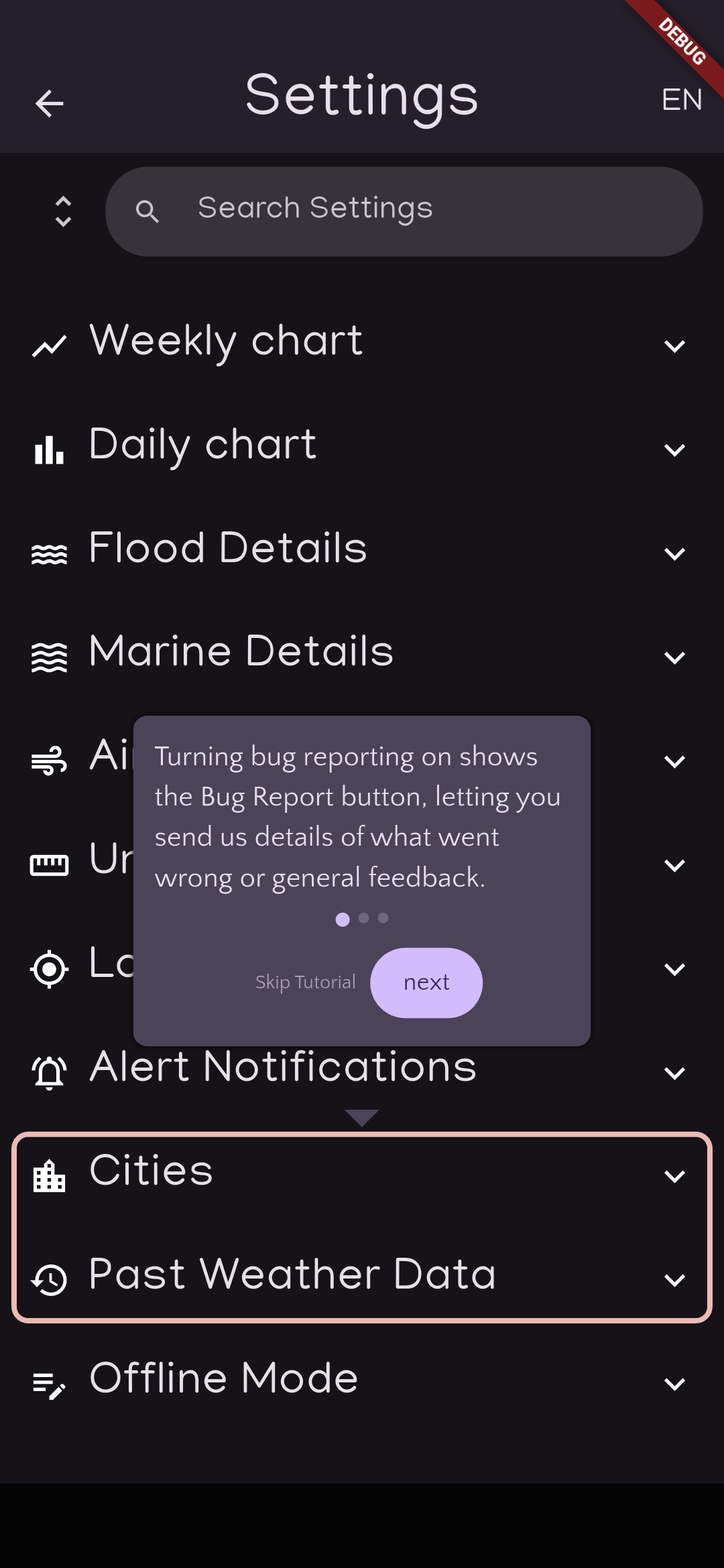 Settings screen for units, alerts, and display options.