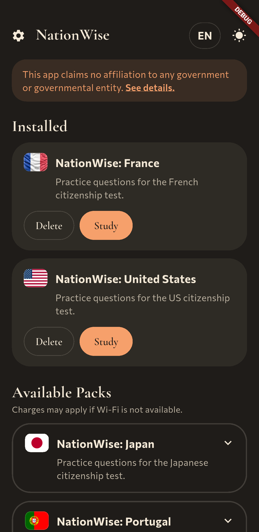 NationWise citizenship pack list in dark mode.