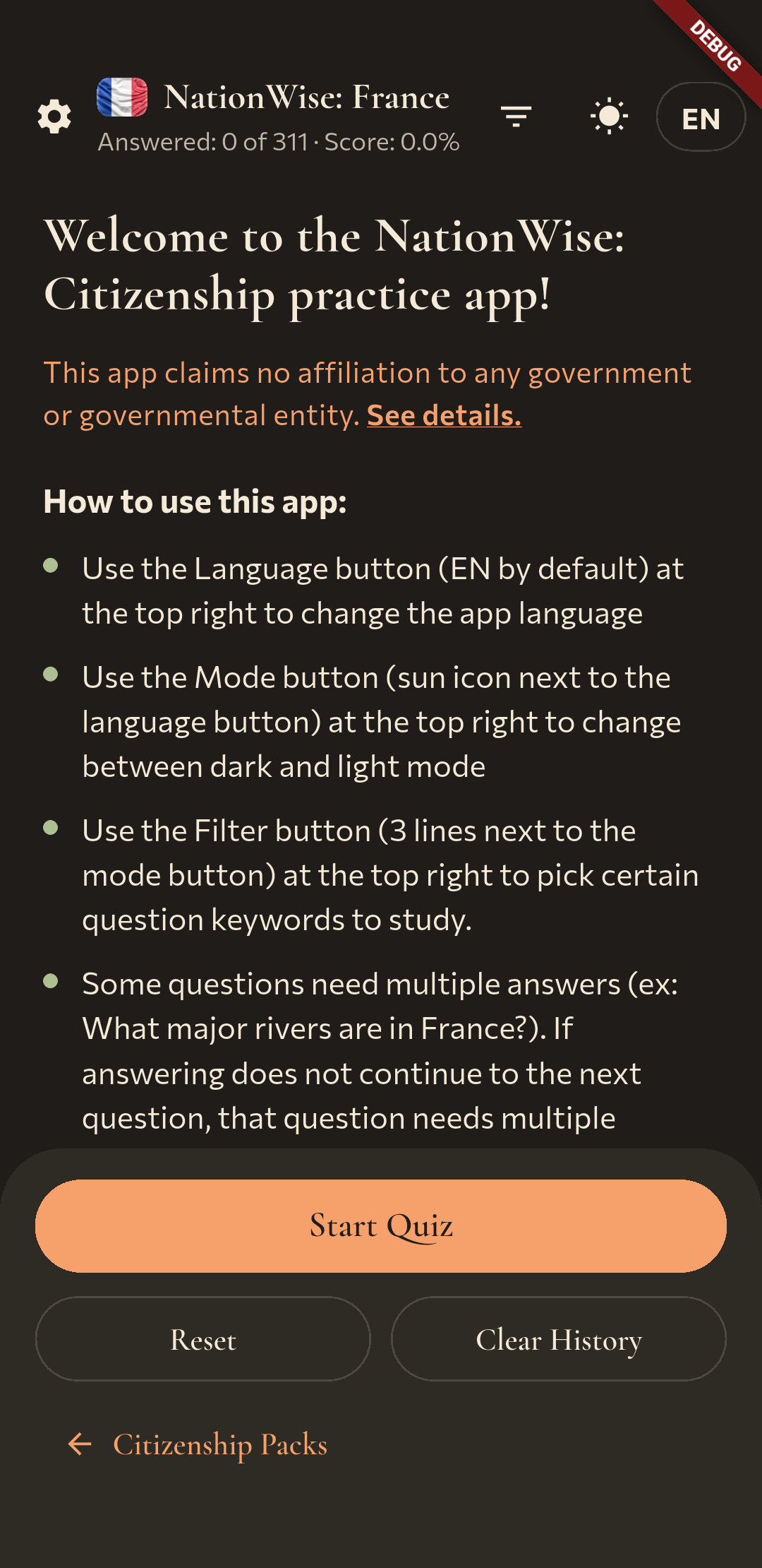 NationWise: France pack intro screen with usage tips.