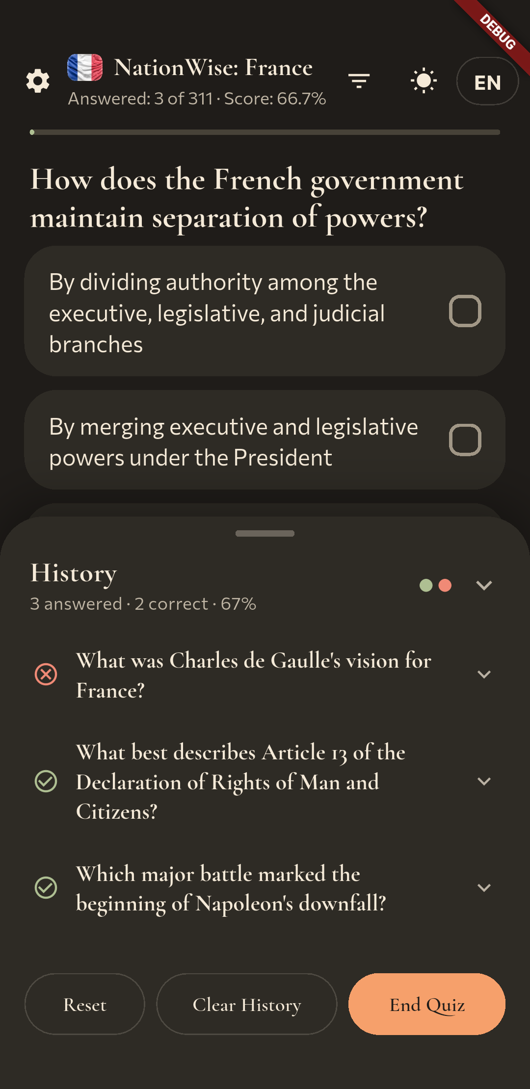 NationWise history panel listing correct and incorrect answers.