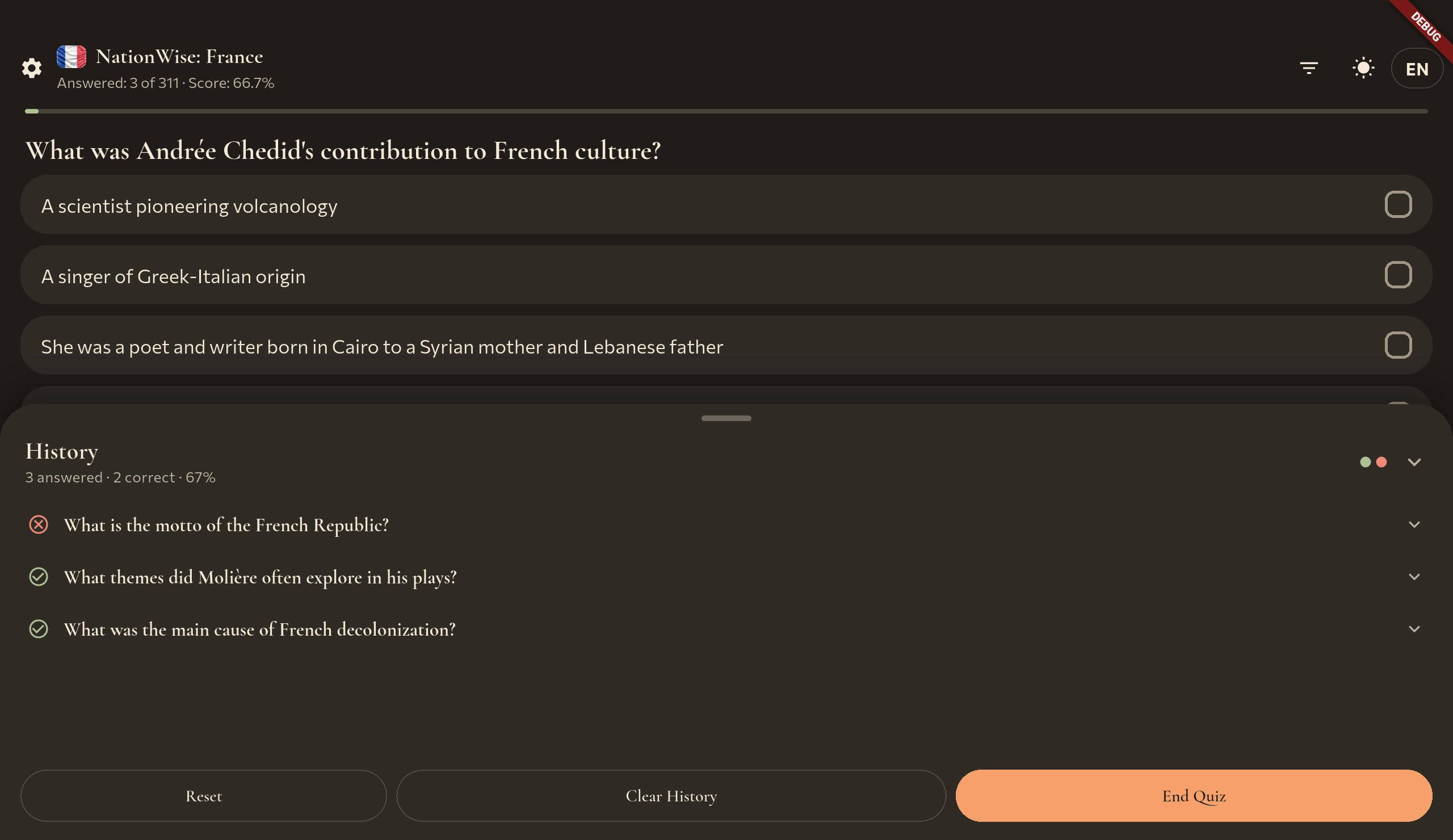 Tablet - NationWise history panel with past answers.